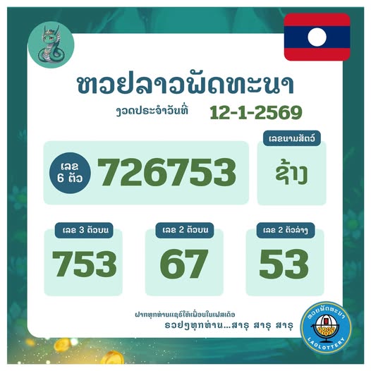 ຜົນຫວຍລາວງວດວັນທີ່ 12-1-69